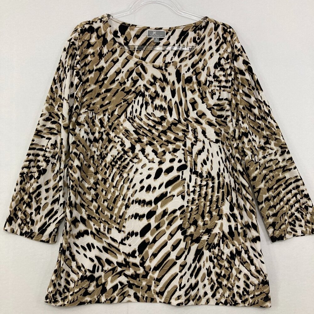 JM Collection size XL Black Tan Abstract Stretch Knit 3/4 Sleeve Blouse Office